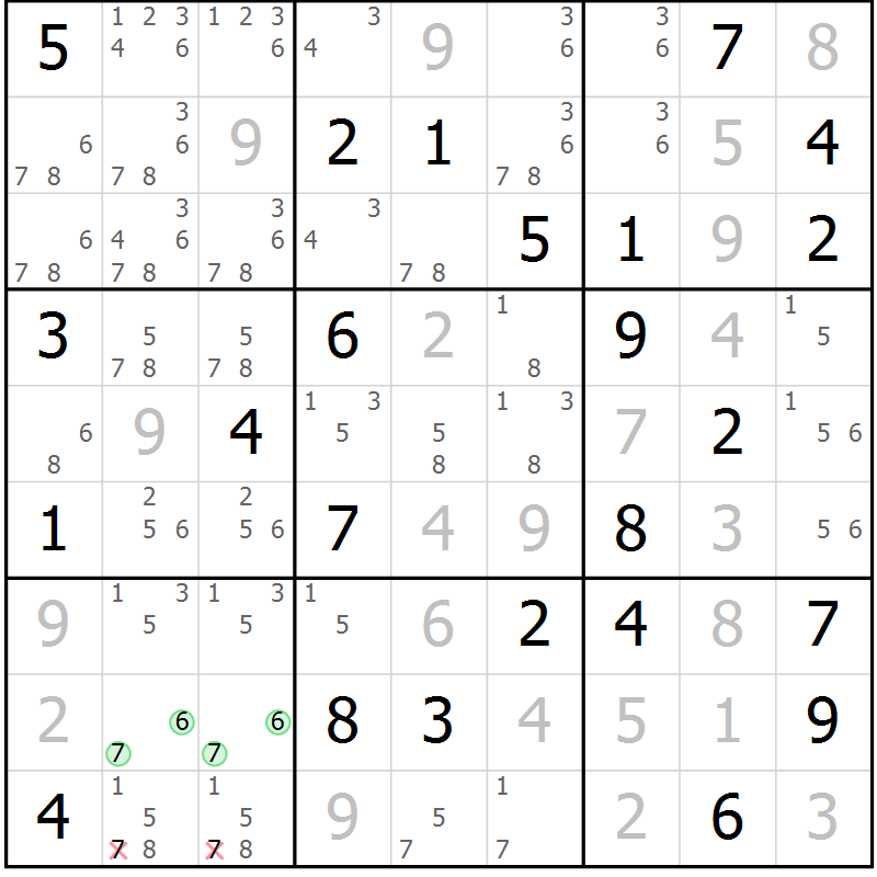 Position des candidats pour la solution de la Gr 45 page 48 du magazine de sudoku Virtuose n° 123