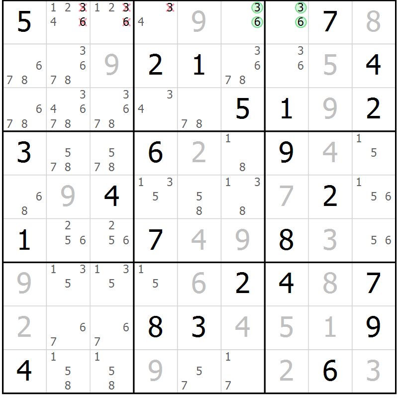 Position des candidats pour la solution de la Gr 45 page 48 du magazine de sudoku Virtuose n° 123