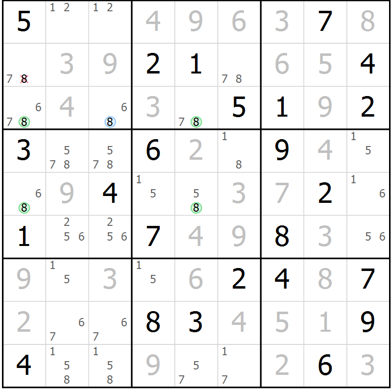 Position des candidats pour la solution de la Gr 45 page 48 du magazine de sudoku Virtuose n° 123