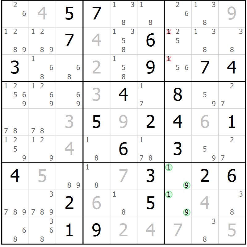 Position des candidats pour la solution de la Gr 47 page 50 du magazine de sudoku Virtuose n° 123