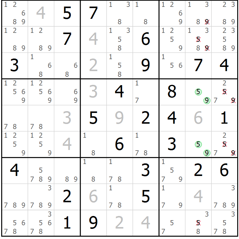 Position des candidats pour la solution de la Gr 47 page 50 du magazine de sudoku Virtuose n° 123