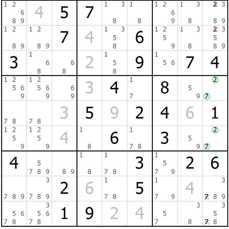 Position des candidats pour la solution de la Gr 47 page 50 du magazine de sudoku Virtuose n° 123