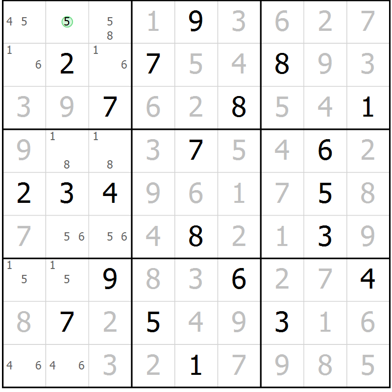 Position des candidats pour la solution de la Gr 5 page 8 du magazine de sudoku Virtuose n° 123