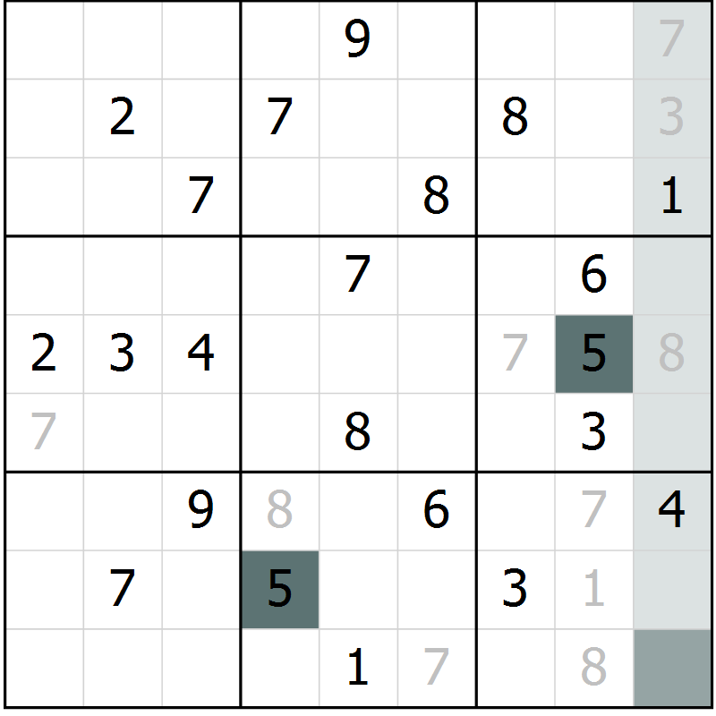 Position des candidats pour la solution de la Gr 5 page 8 du magazine de sudoku Virtuose n° 123