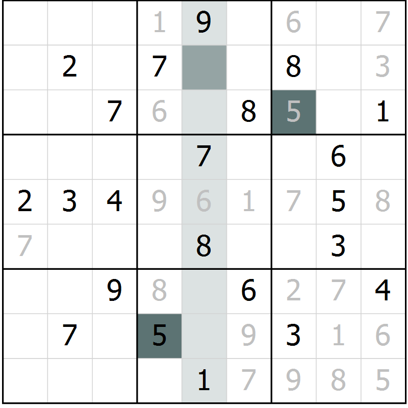 Position des candidats pour la solution de la Gr 5 page 8 du magazine de sudoku Virtuose n° 123