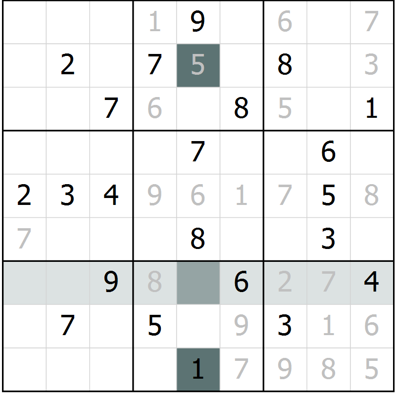 Position des candidats pour la solution de la Gr 5 page 8 du magazine de sudoku Virtuose n° 123