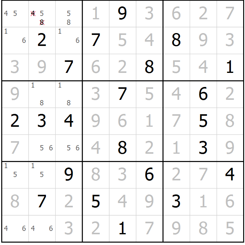 Position des candidats pour la solution de la Gr 5 page 8 du magazine de sudoku Virtuose n° 123