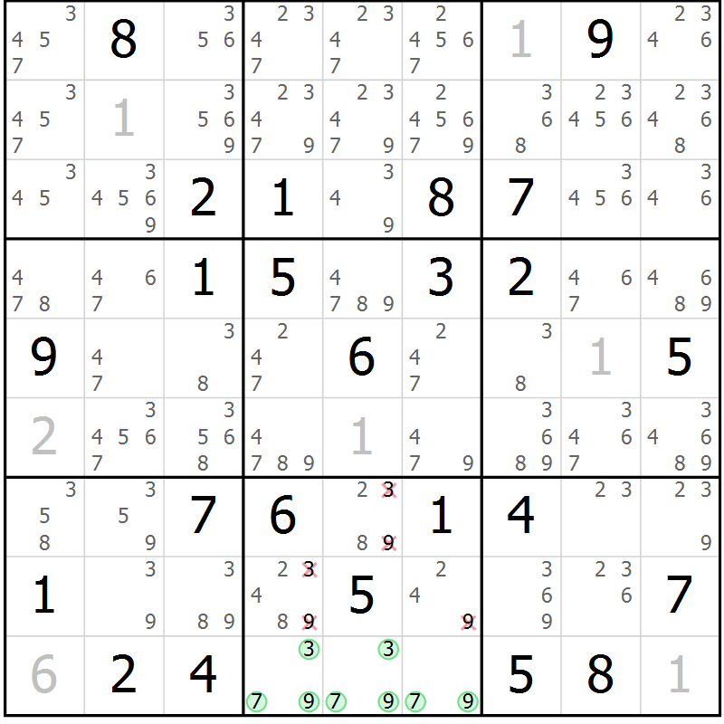 Position des candidats pour la solution de la Gr 50 page 53 du magazine de sudoku Virtuose n° 123