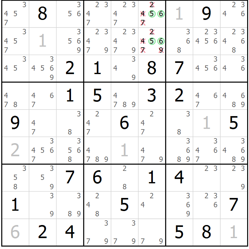 Position des candidats pour la solution de la Gr 50 page 53 du magazine de sudoku Virtuose n° 123