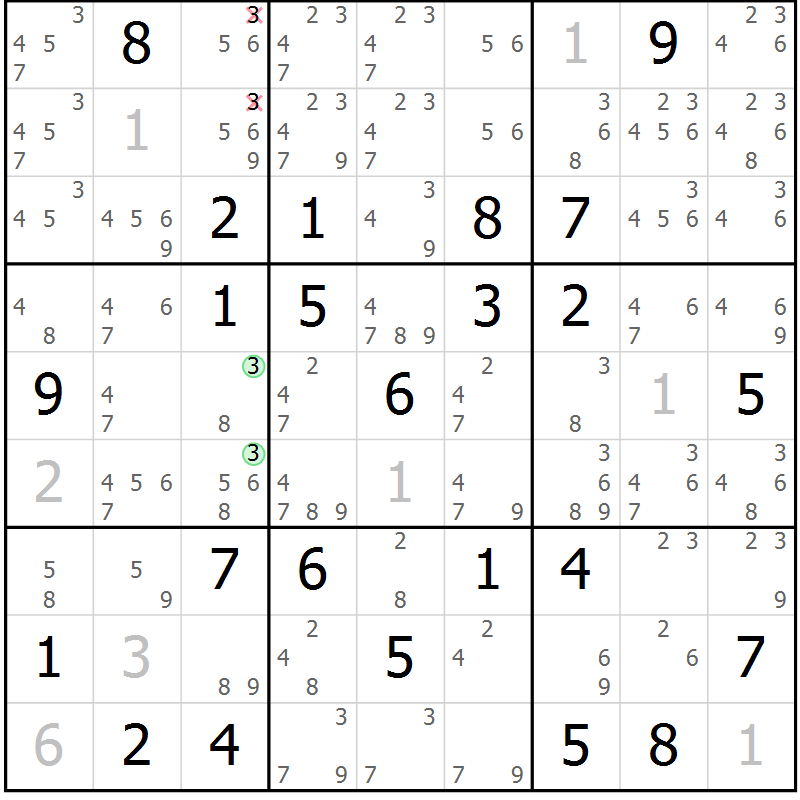 Position des candidats pour la solution de la Gr 50 page 53 du magazine de sudoku Virtuose n° 123