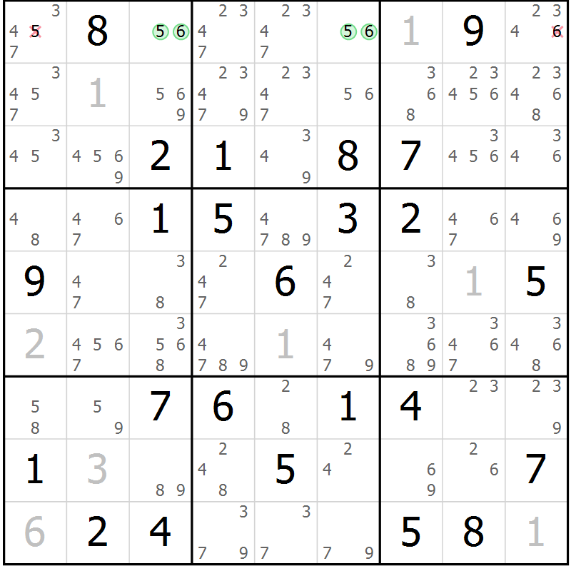 Position des candidats pour la solution de la Gr 50 page 53 du magazine de sudoku Virtuose n° 123