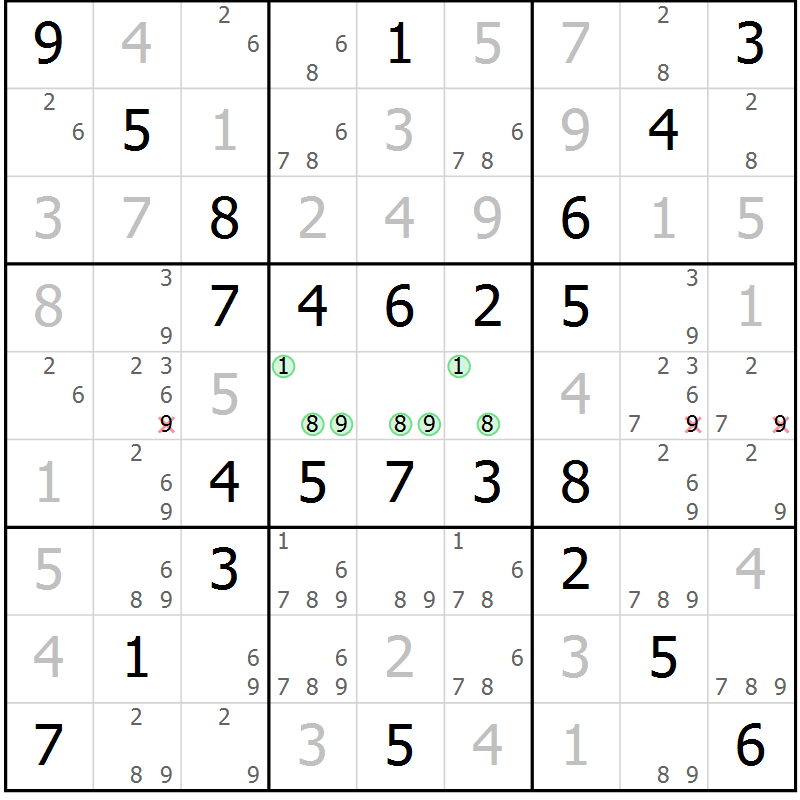 Position des candidats pour la solution de la Gr 52 page 55 du magazine de sudoku Virtuose n° 123