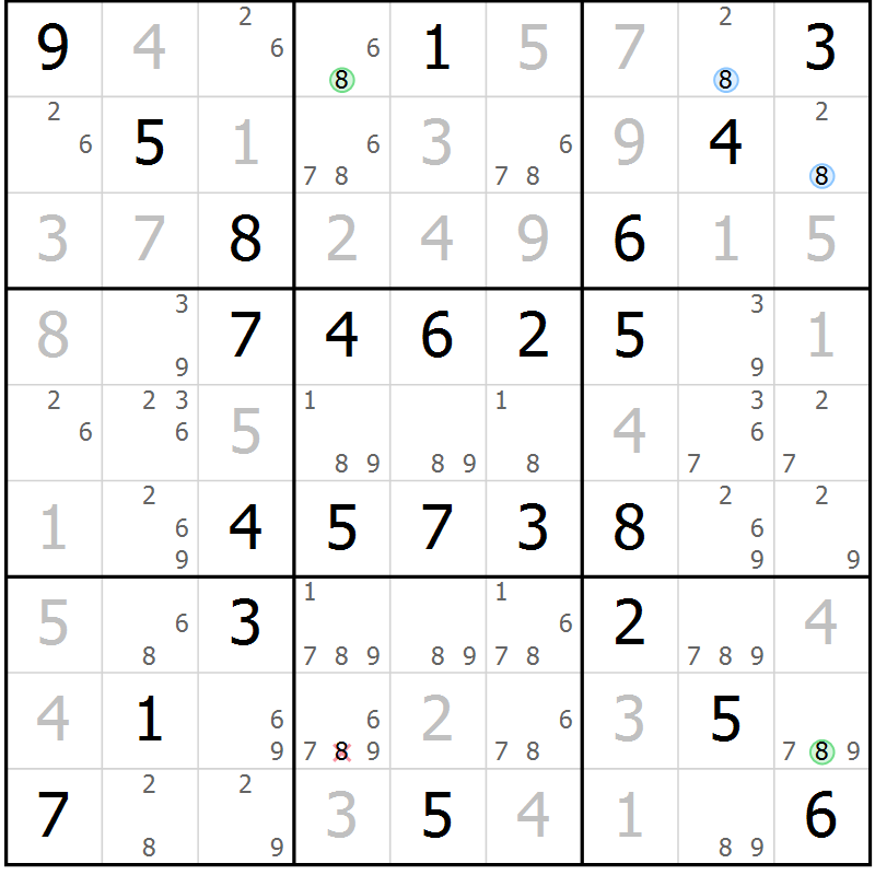 Position des candidats pour la solution de la Gr 52 page 55 du magazine de sudoku Virtuose n° 123