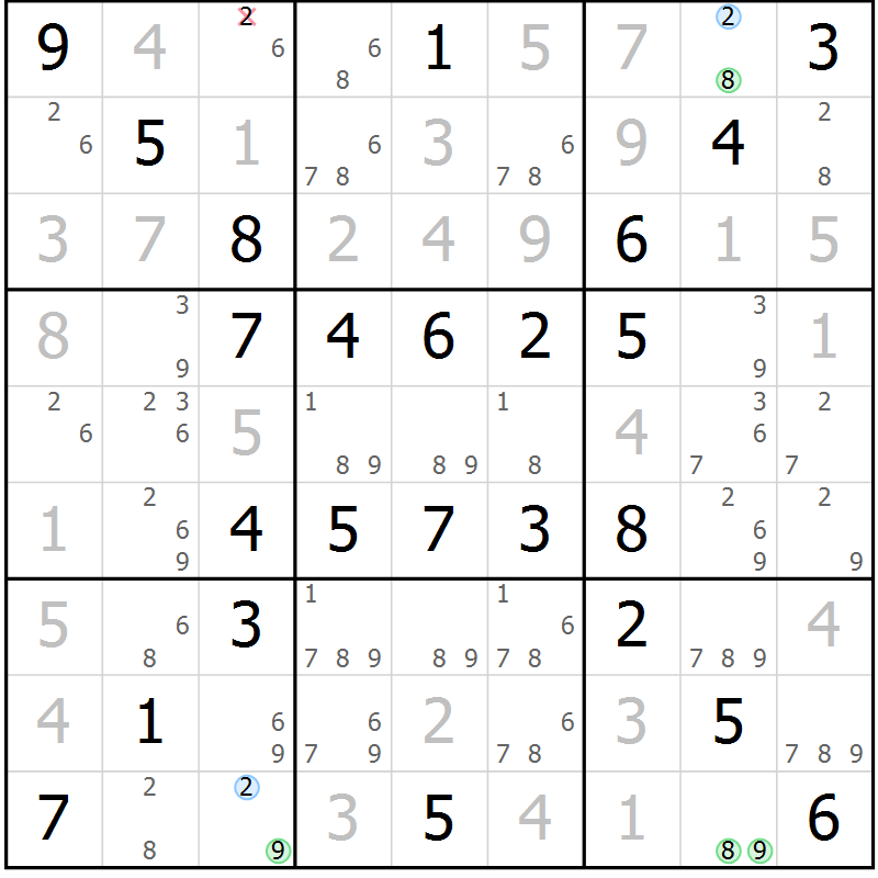 Position des candidats pour la solution de la Gr 52 page 55 du magazine de sudoku Virtuose n° 123