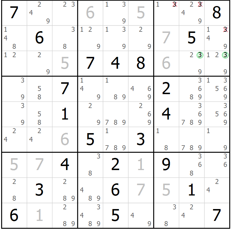 Position des candidats pour la solution de la Gr 53 page 56 du magazine de sudoku Virtuose n° 123