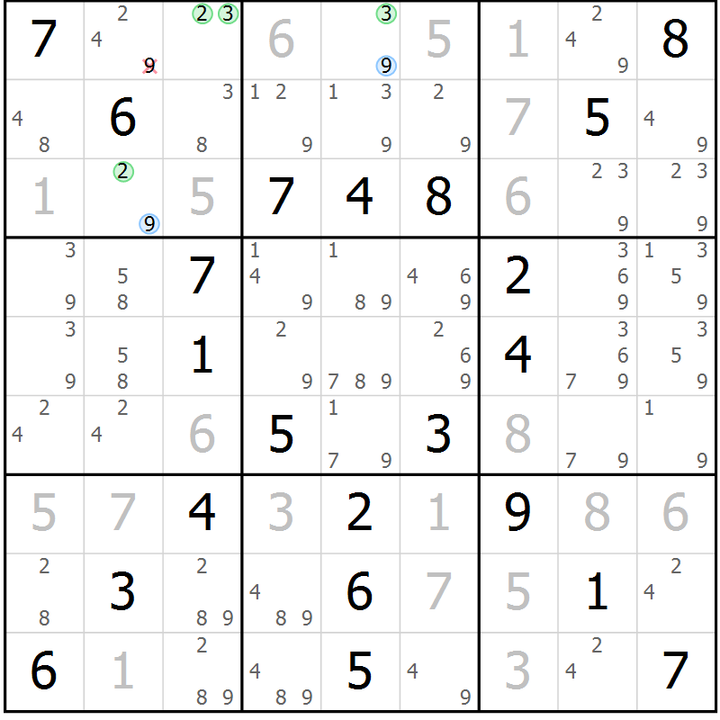 Position des candidats pour la solution de la Gr 53 page 56 du magazine de sudoku Virtuose n° 123