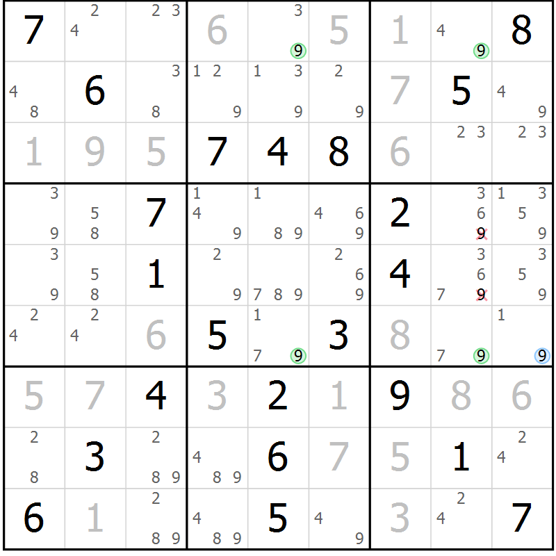 Position des candidats pour la solution de la Gr 53 page 56 du magazine de sudoku Virtuose n° 123