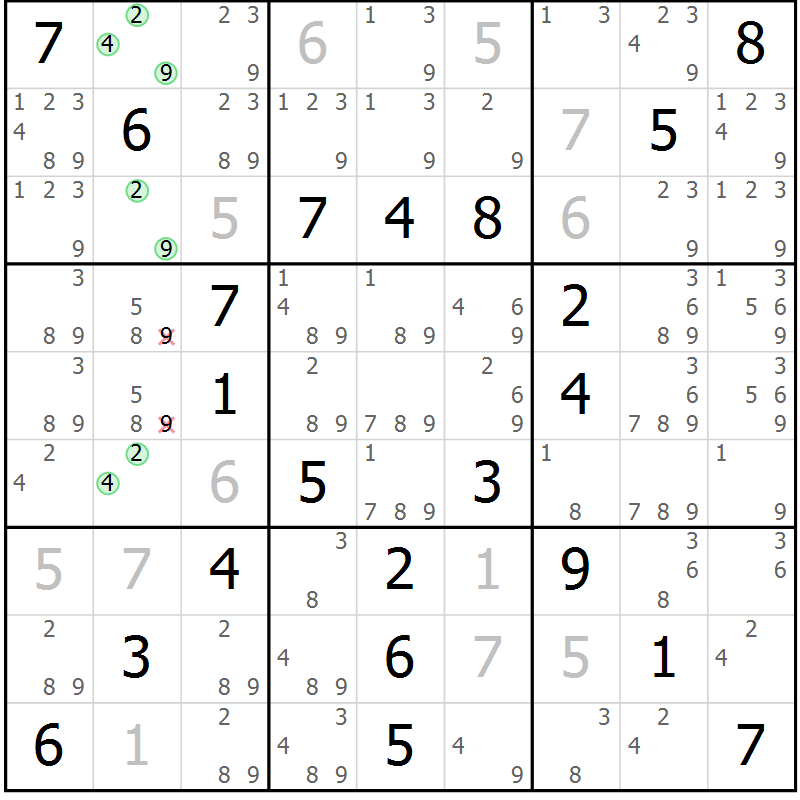 Position des candidats pour la solution de la Gr 53 page 56 du magazine de sudoku Virtuose n° 123