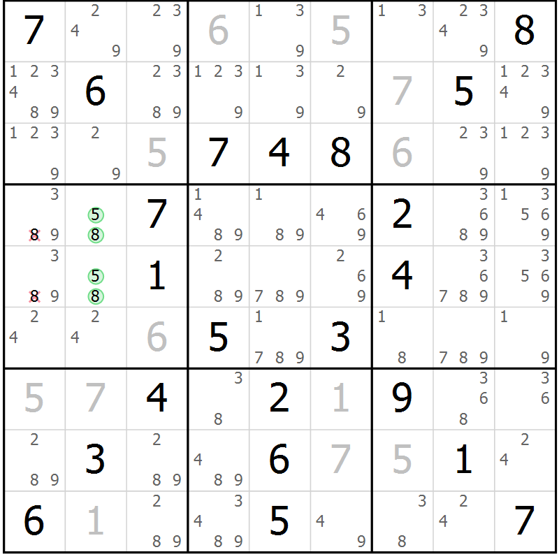 Position des candidats pour la solution de la Gr 53 page 56 du magazine de sudoku Virtuose n° 123