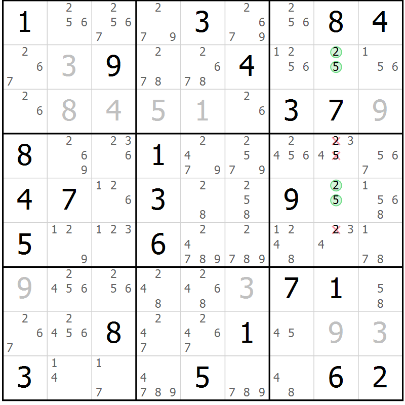 Position des candidats pour la solution de la Gr 55 page 58 du magazine de sudoku Virtuose n° 123