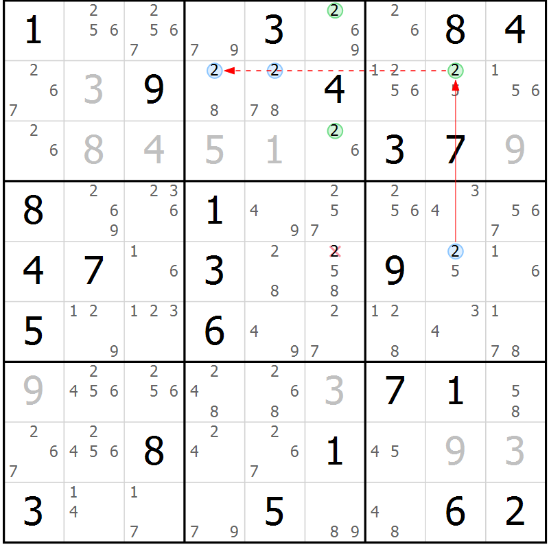 Position des candidats pour la solution de la Gr 55 page 58 du magazine de sudoku Virtuose n° 123