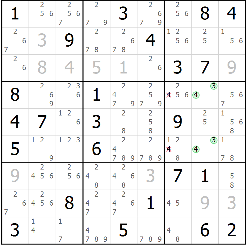 Position des candidats pour la solution de la Gr 55 page 58 du magazine de sudoku Virtuose n° 123
