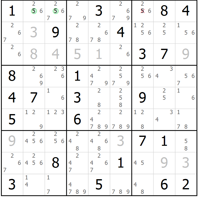 Position des candidats pour la solution de la Gr 55 page 58 du magazine de sudoku Virtuose n° 123