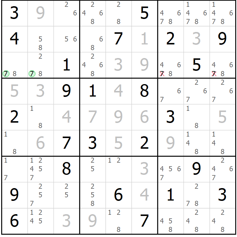 Position des candidats pour la solution de la Gr 56 page 59 du magazine de sudoku Virtuose n° 123