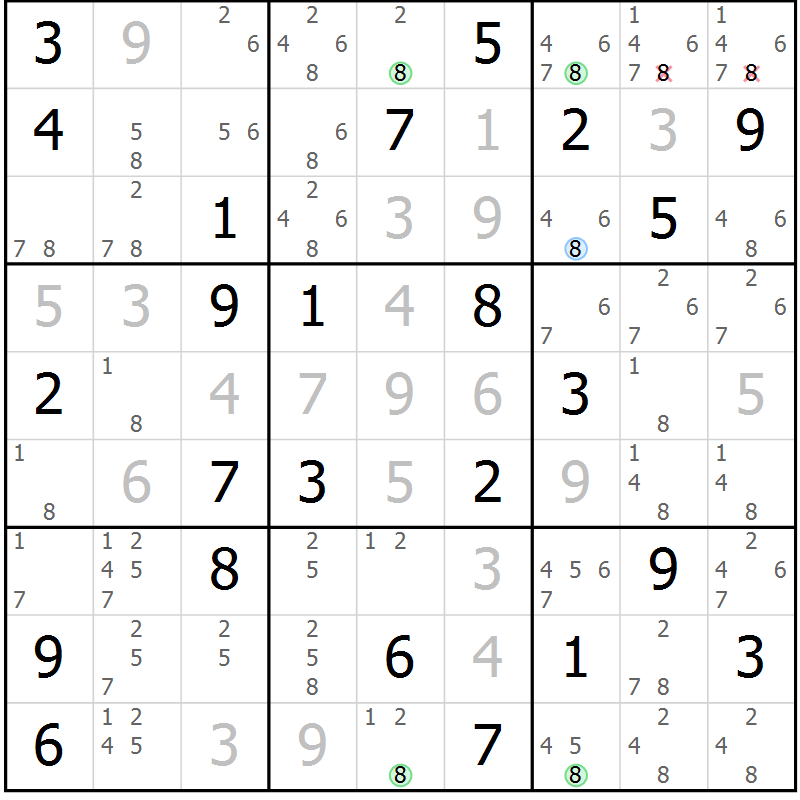 Position des candidats pour la solution de la Gr 56 page 59 du magazine de sudoku Virtuose n° 123