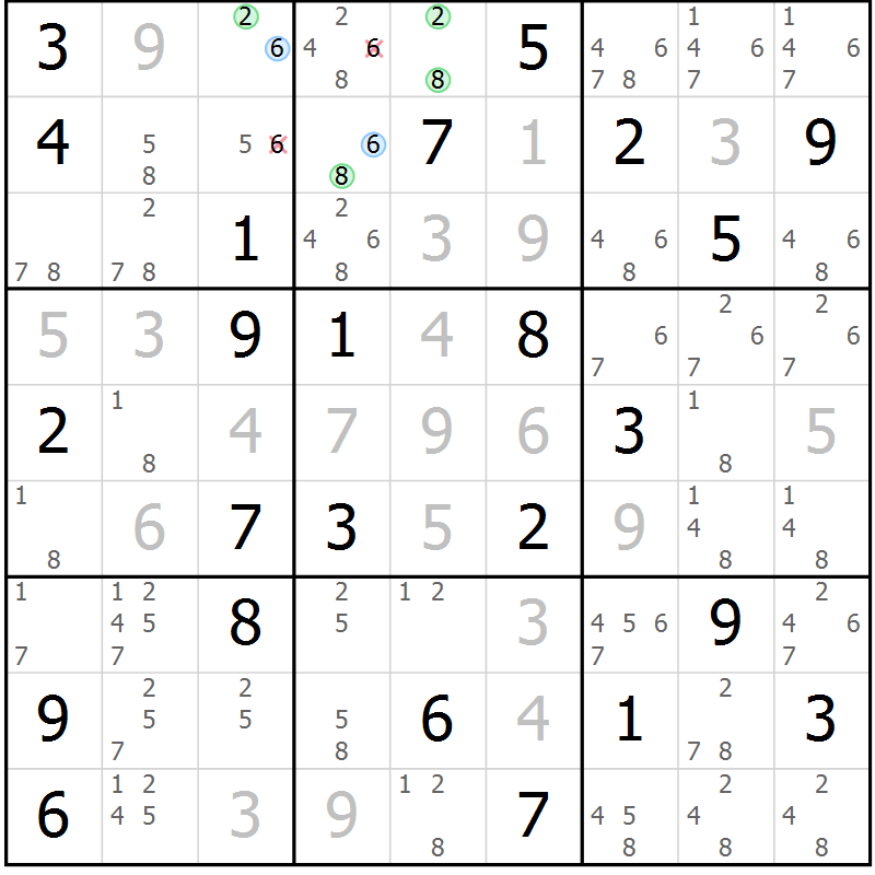 Position des candidats pour la solution de la Gr 56 page 59 du magazine de sudoku Virtuose n° 123