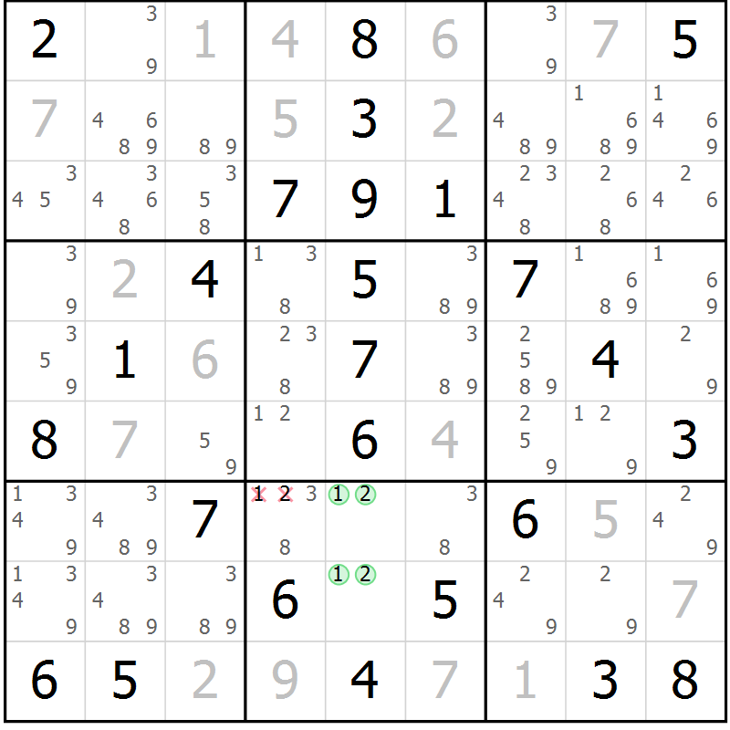 Position des candidats pour la solution de la Gr 57 page 60 du magazine de sudoku Virtuose n° 123