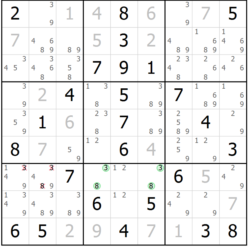 Position des candidats pour la solution de la Gr 57 page 60 du magazine de sudoku Virtuose n° 123