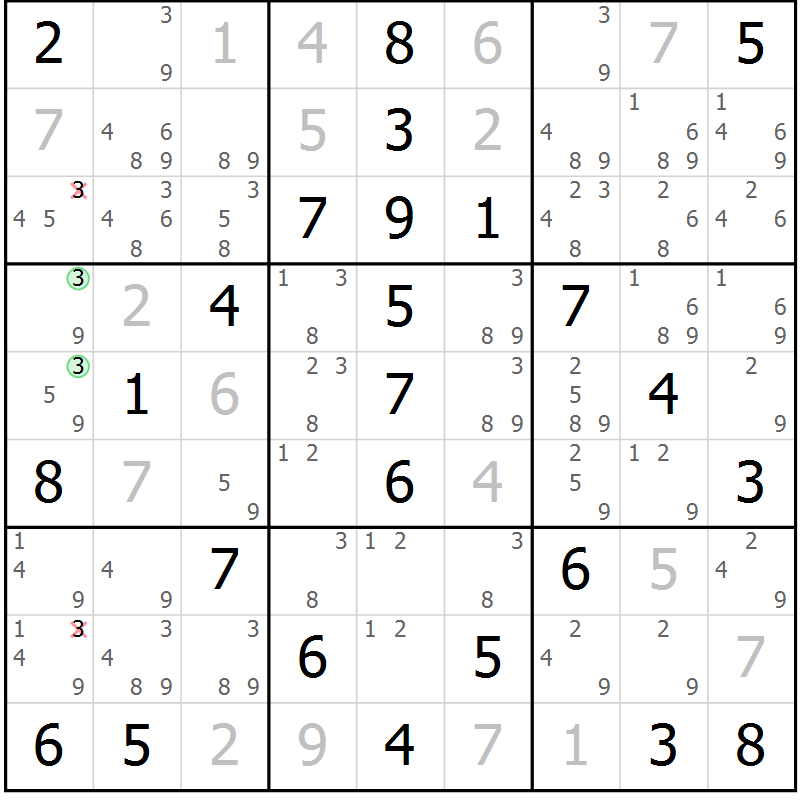 Position des candidats pour la solution de la Gr 57 page 60 du magazine de sudoku Virtuose n° 123