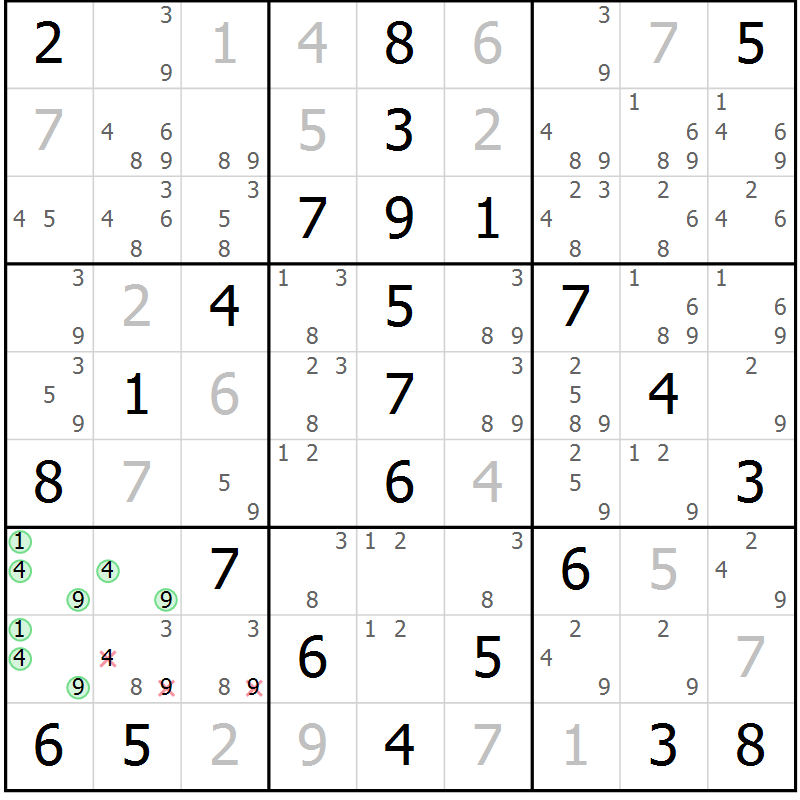 Position des candidats pour la solution de la Gr 57 page 60 du magazine de sudoku Virtuose n° 123