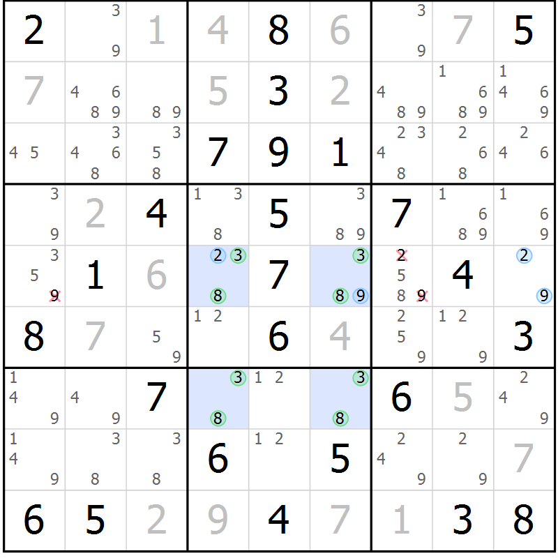 Position des candidats pour la solution de la Gr 57 page 60 du magazine de sudoku Virtuose n° 123