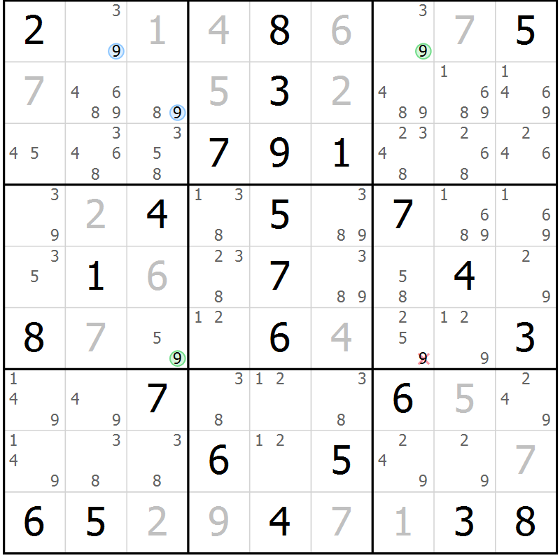 Position des candidats pour la solution de la Gr 57 page 60 du magazine de sudoku Virtuose n° 123
