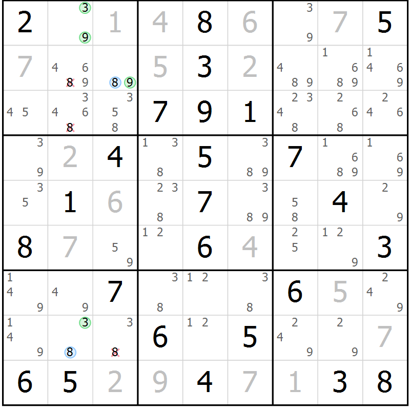 Position des candidats pour la solution de la Gr 57 page 60 du magazine de sudoku Virtuose n° 123