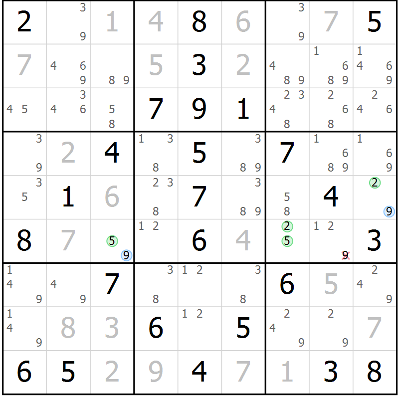 Position des candidats pour la solution de la Gr 57 page 60 du magazine de sudoku Virtuose n° 123