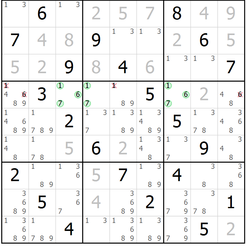 Position des candidats pour la solution de la Gr 58 page 61 du magazine de sudoku Virtuose n° 123