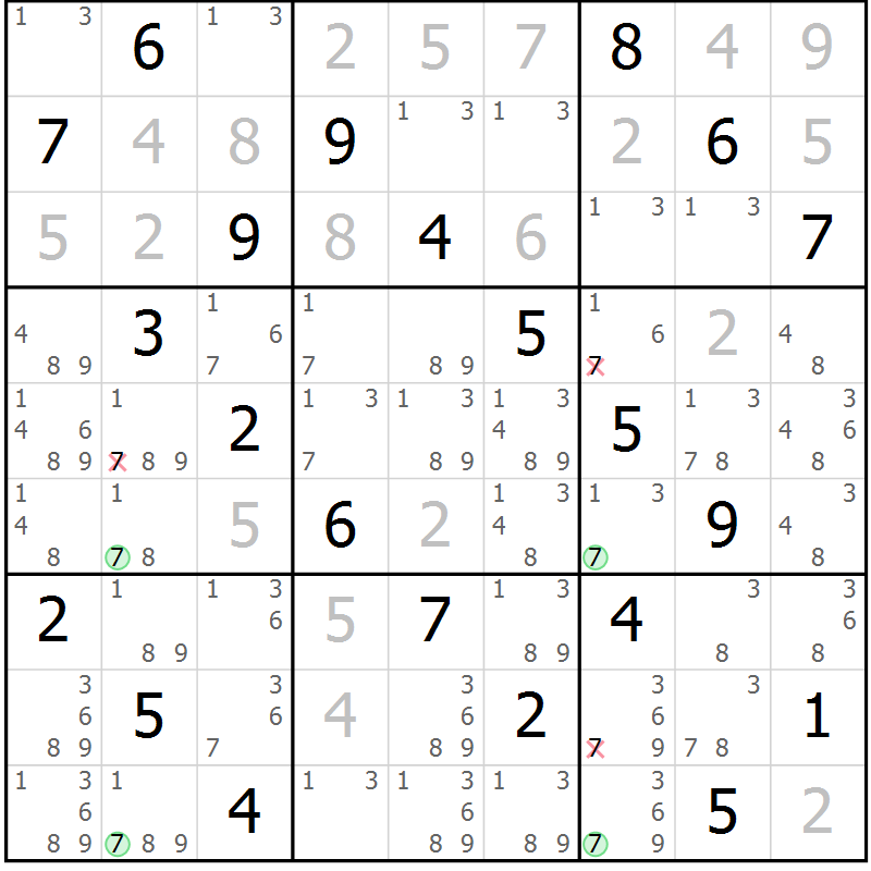 Position des candidats pour la solution de la Gr 58 page 61 du magazine de sudoku Virtuose n° 123
