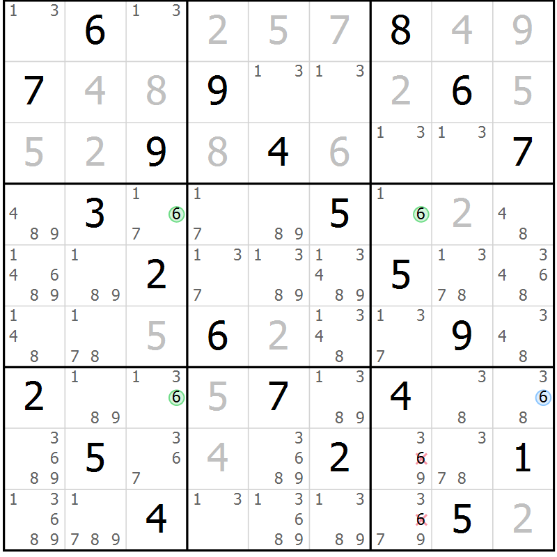 Position des candidats pour la solution de la Gr 58 page 61 du magazine de sudoku Virtuose n° 123