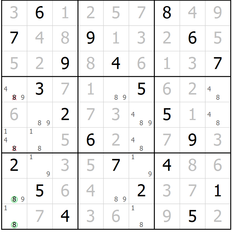 Position des candidats pour la solution de la Gr 58 page 61 du magazine de sudoku Virtuose n° 123