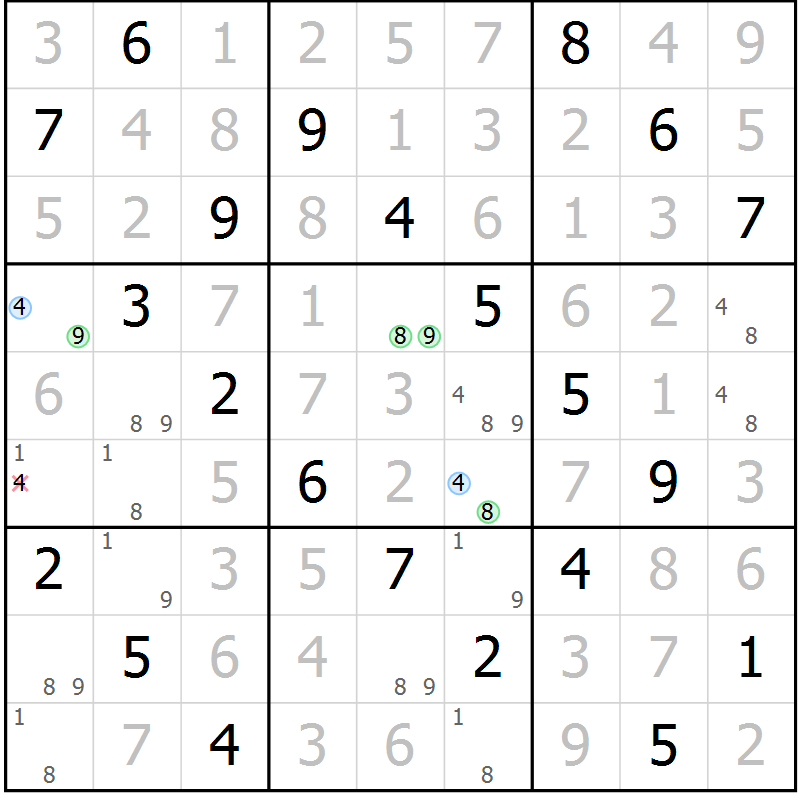 Position des candidats pour la solution de la Gr 58 page 61 du magazine de sudoku Virtuose n° 123