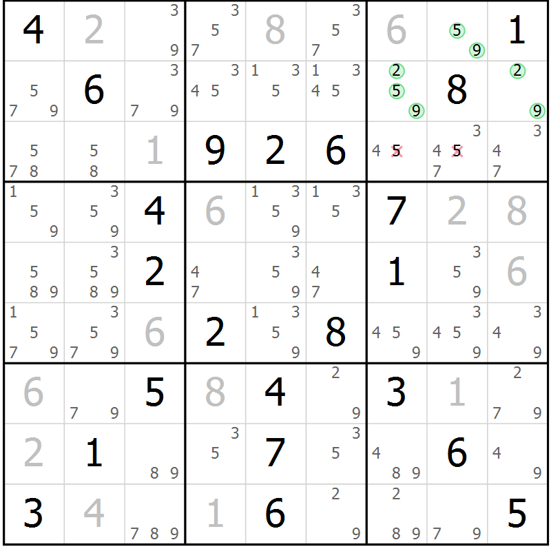 Position des candidats pour la solution de la Gr 59 page 62 du magazine de sudoku Virtuose n° 123