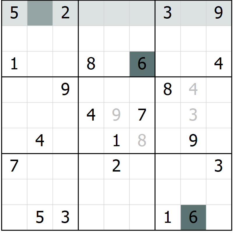 Position des candidats pour la solution de la Gr 6 page 9 du magazine de sudoku Virtuose n° 123