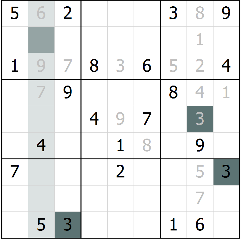 Position des candidats pour la solution de la Gr 6 page 9 du magazine de sudoku Virtuose n° 123