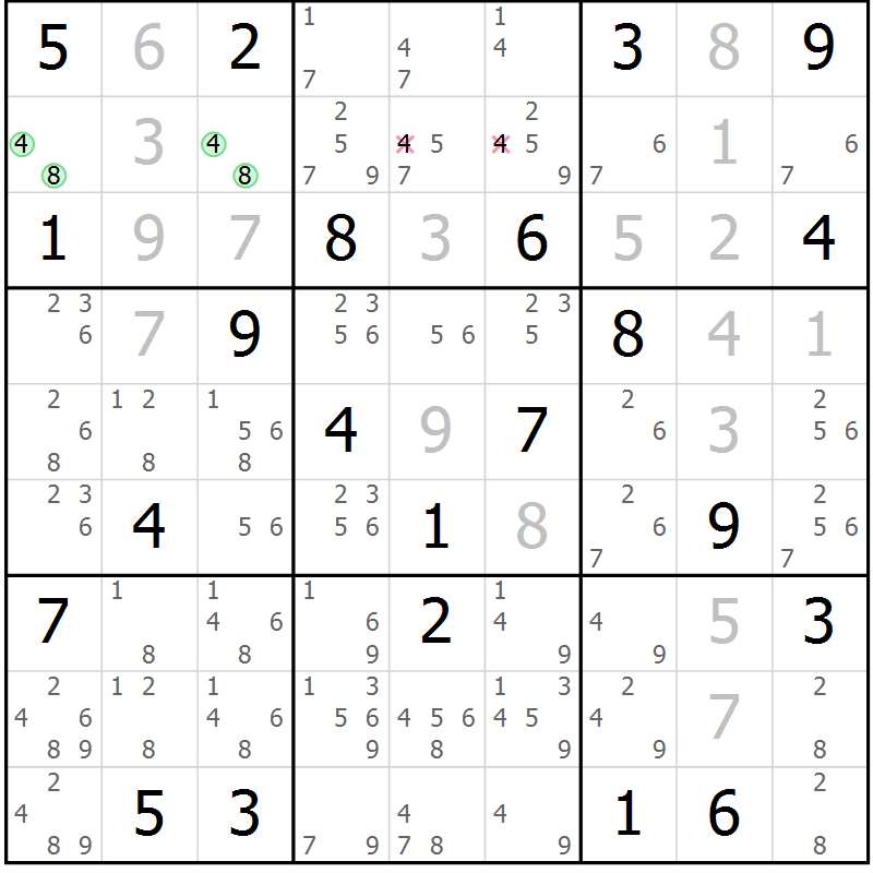 Position des candidats pour la solution de la Gr 6 page 9 du magazine de sudoku Virtuose n° 123