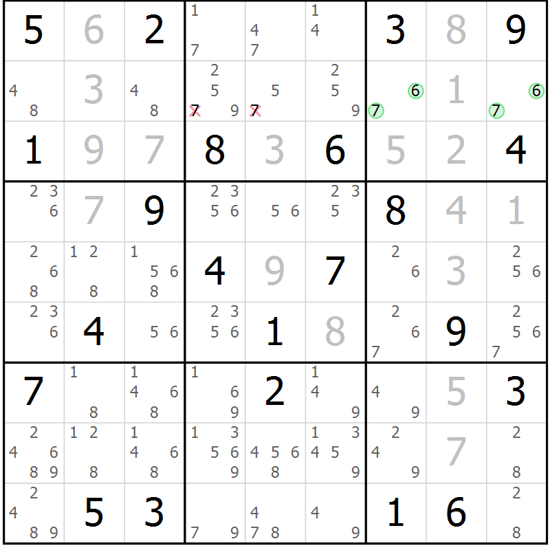 Position des candidats pour la solution de la Gr 6 page 9 du magazine de sudoku Virtuose n° 123