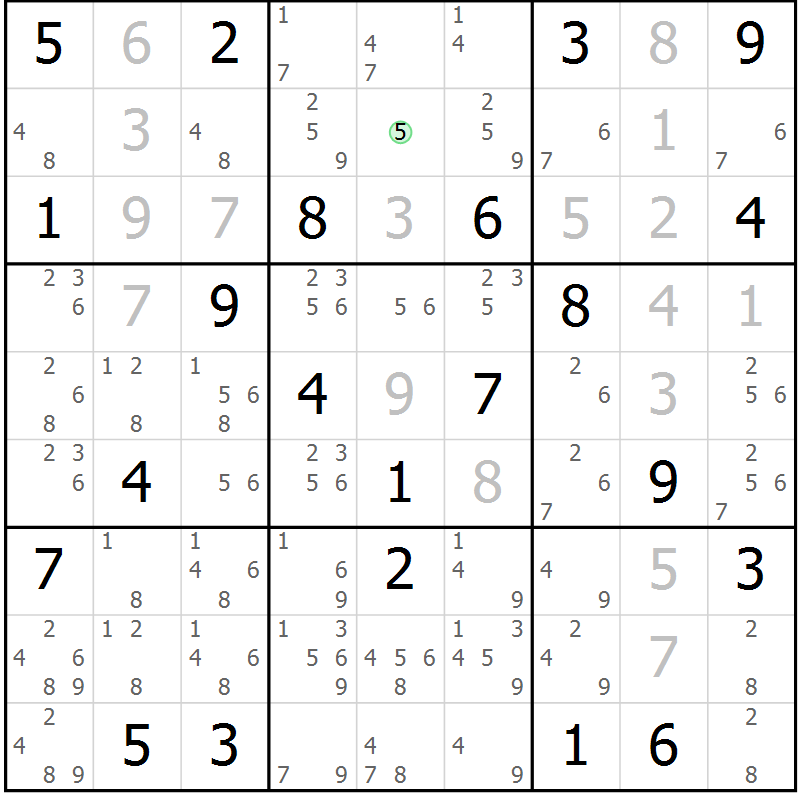Position des candidats pour la solution de la Gr 6 page 9 du magazine de sudoku Virtuose n° 123