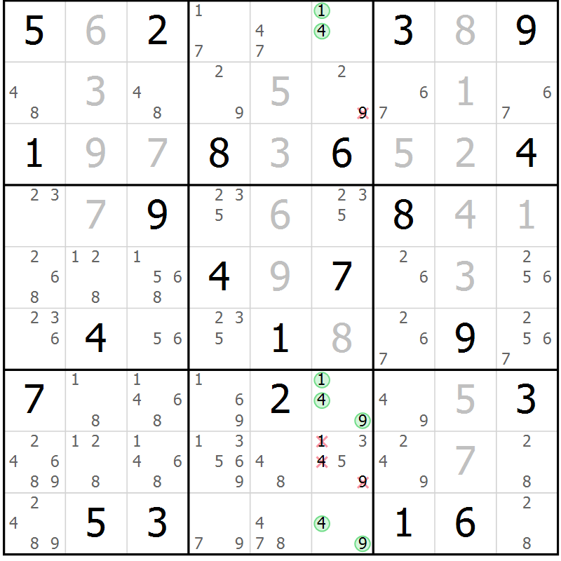 Position des candidats pour la solution de la Gr 6 page 9 du magazine de sudoku Virtuose n° 123